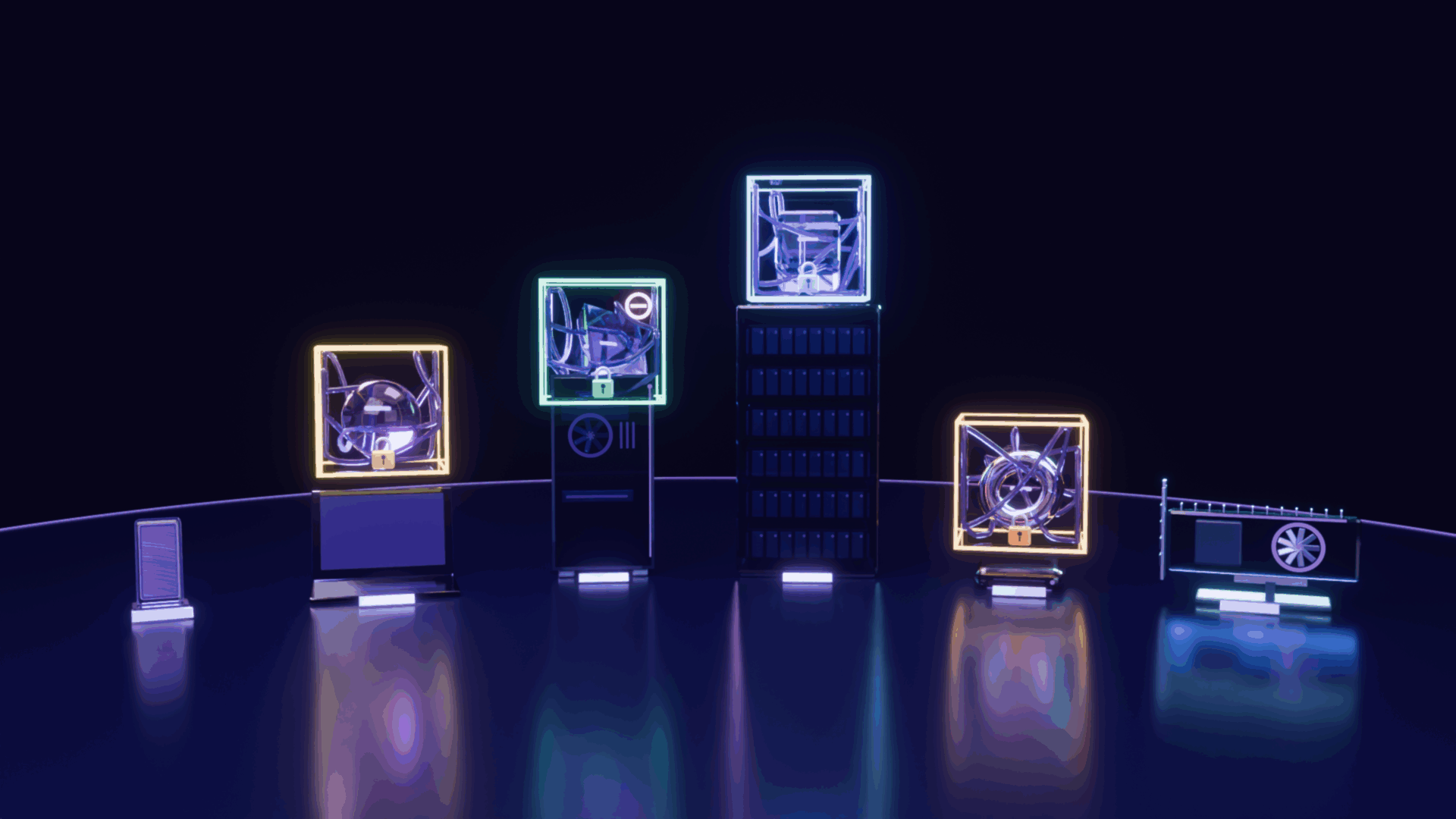 Machines on a dark stage, each agent head locked inside its own colored glass cage with a padlock, none of the machines connected.