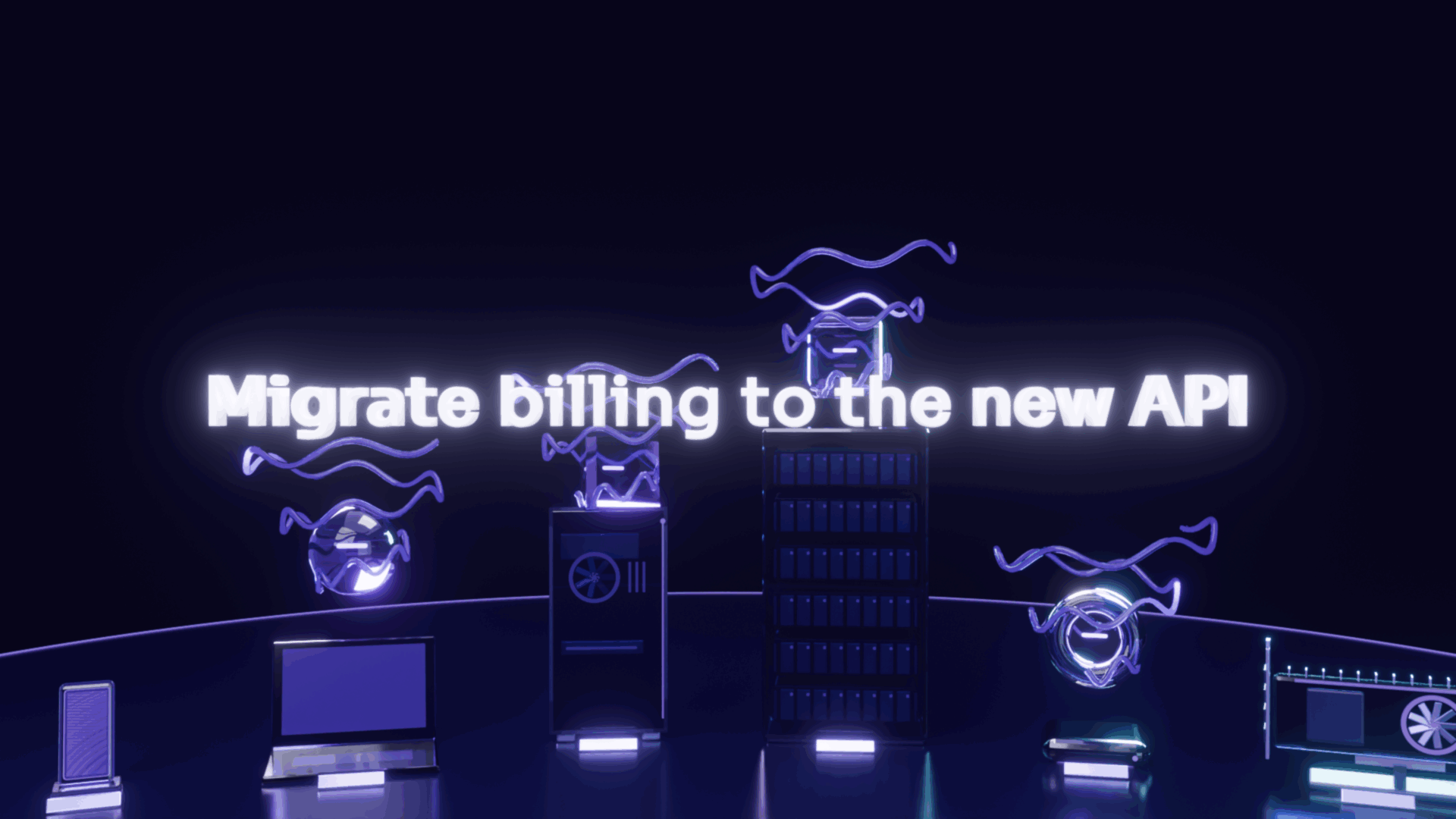 The goal "Migrate billing to the new API" hangs above the machines as glowing 3D text.