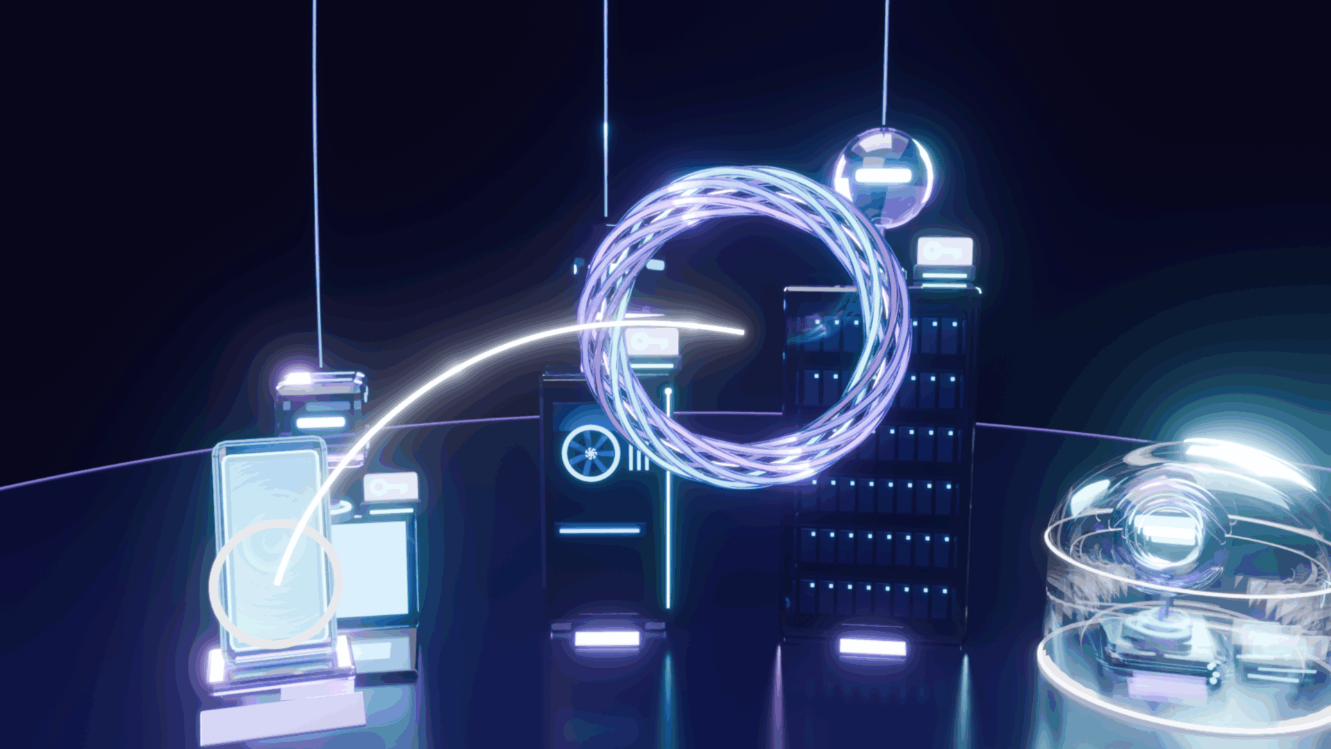 White strands braid into the Confluence ring above the machines while a phone rises and a tap on its screen sends a beam of light that approves the ring.