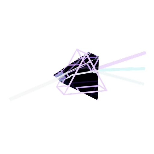A glass prism taking in one white beam and sending out three checked beams